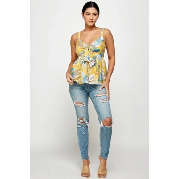 Honey Yellow Blue Tropical Floral Knotted Cami Babydoll Summer Vacation Tank Top - Picture 3 of 5